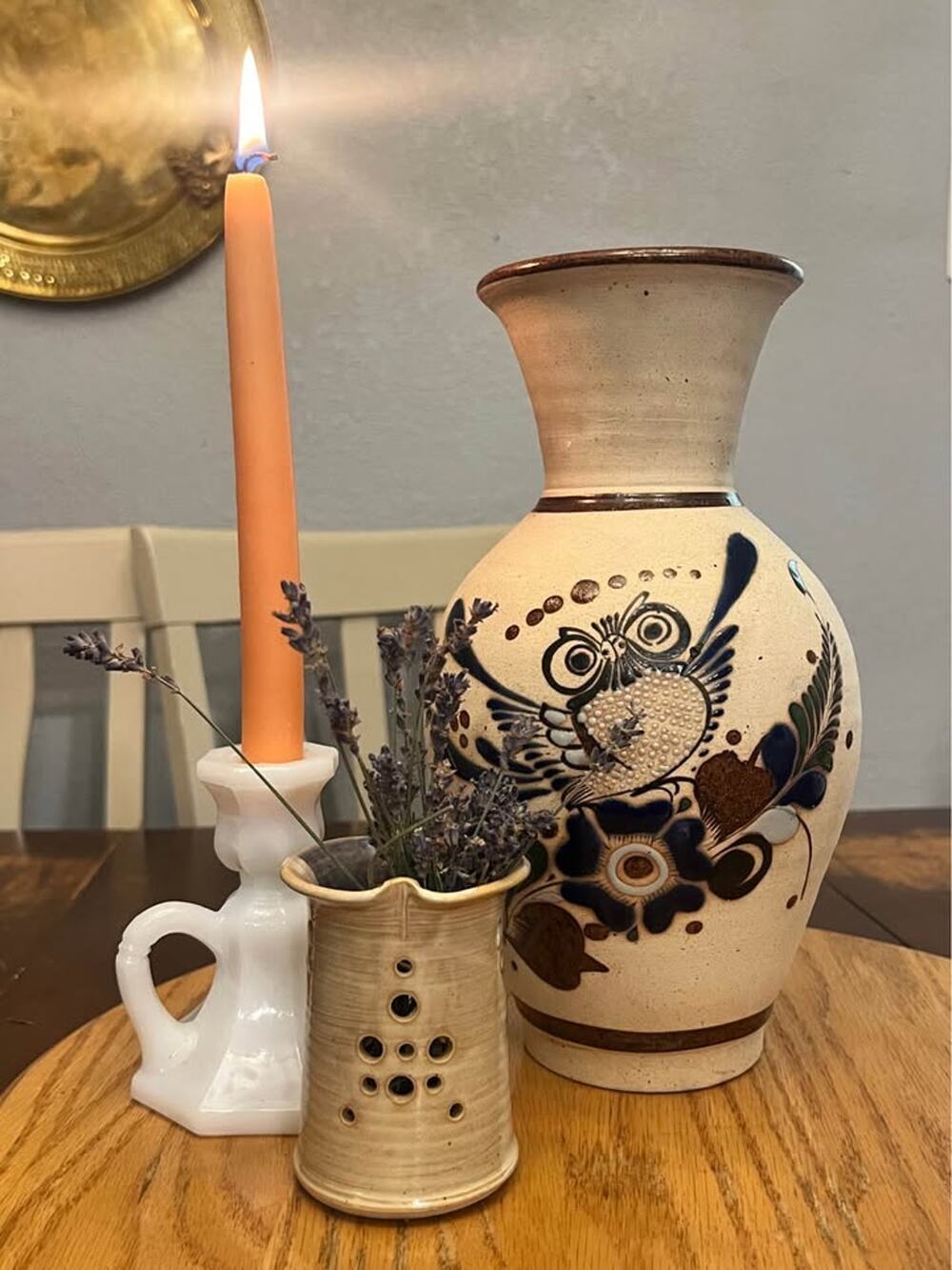 Large Hand-Painted Mexican Pottery Vase – Owl & Floral Design Vintage Folk Art
